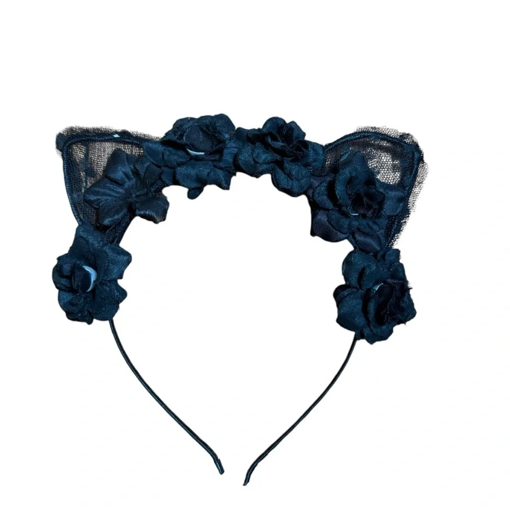 Girls Floral Cat Ear Headband Black Flower Crown